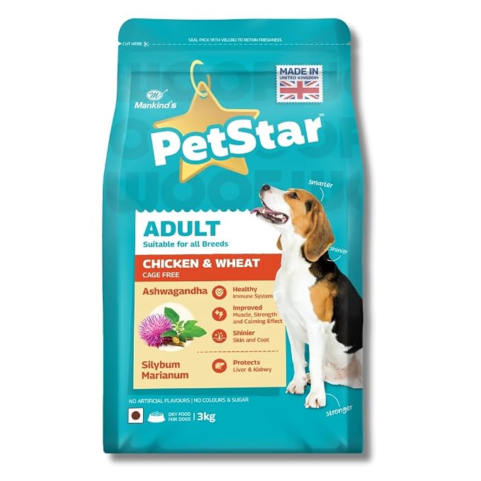 Mankind Petstar Adult Dry Dog Food (High Protein) Chicken & Wheat Flavor, 3kg | Improves Muscle & Strength, Supports Immunity, Protects Liver & Kidney| Adult Dog Food